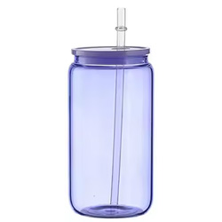 Purple 16oz Glass Can with Straw